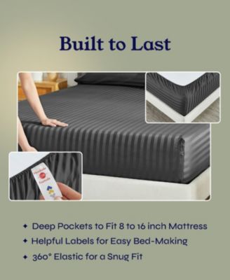 Striped 500 Thread Count Fitted Sheet Only, 100% Cotton Sateen, Fully Elasticized with Deep Pockets by California Design Den