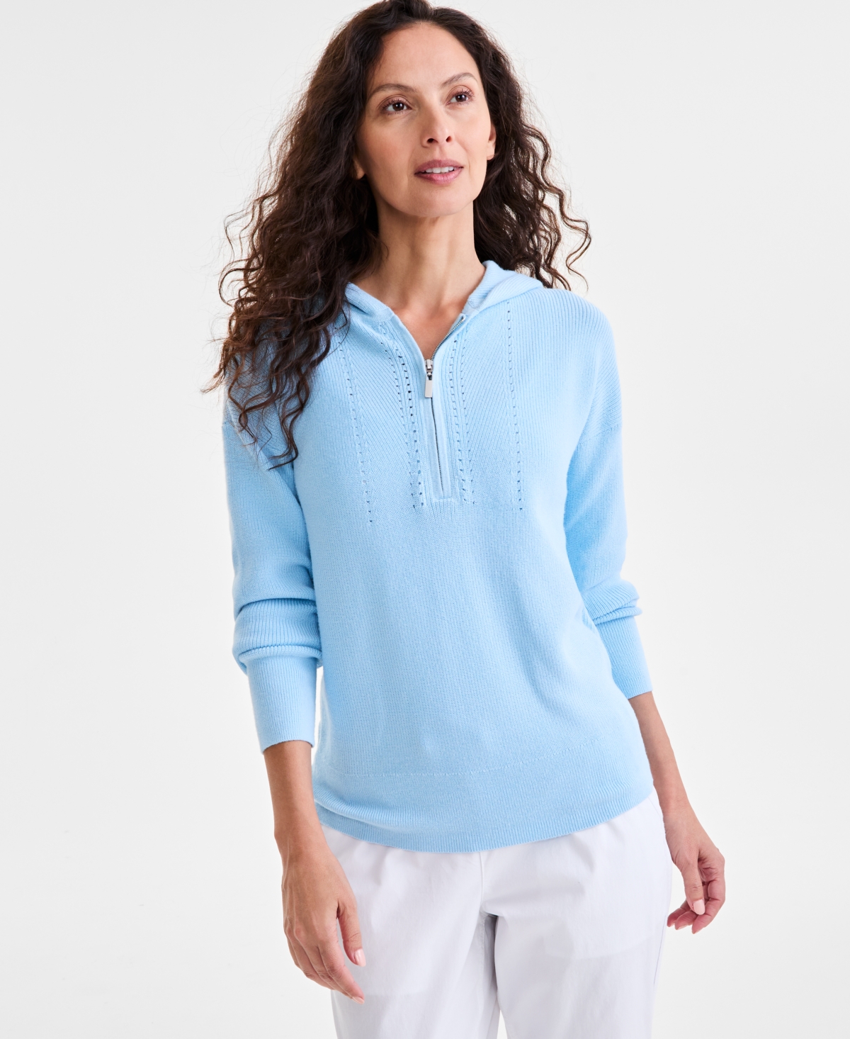 Women's Front-Zip Long-Sleeve Hoodie Sweater, Exclusively at Macy's - Dream Blue