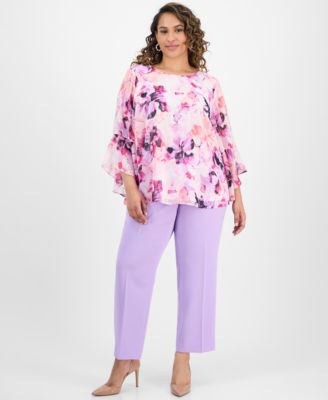 Plus Size Printed Bell Sleeve Blouse Straight Leg Pants