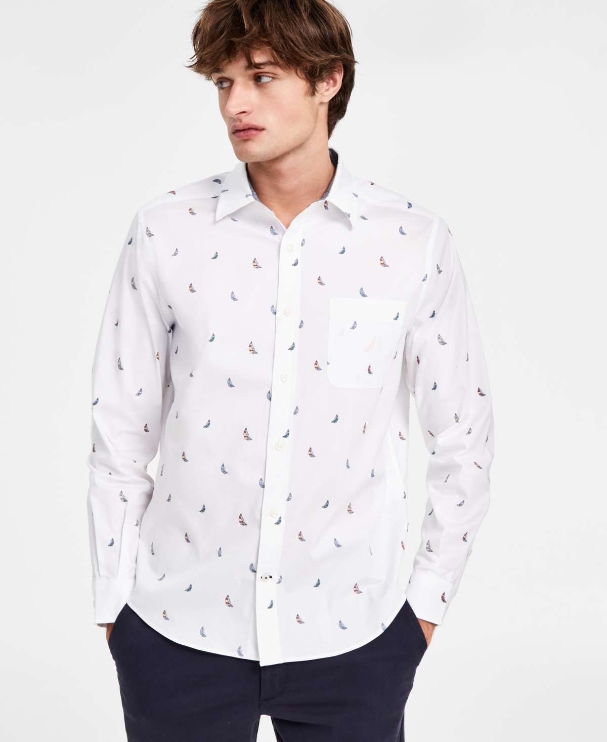 Men's Printed Long Sleeve Button Front Oxford Shirt - Bright White