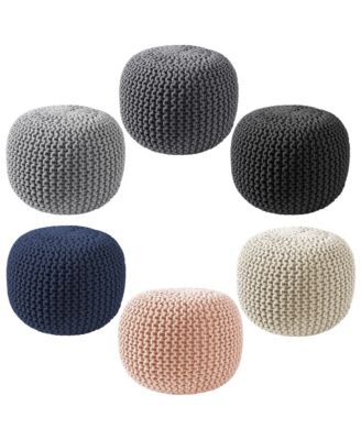 Round Pouf Ottoman, Natural - 20" Dia x 14.5" High Cotton Knit Foot Stool - Boho Floor Pouffe for Living Room