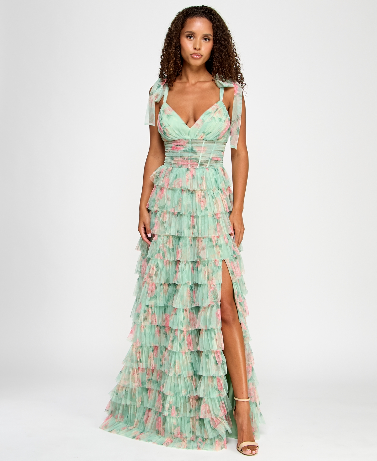 Juniors' Floral Ruffle-Tiered Tie-Shoulder Gown - Sage /Pink