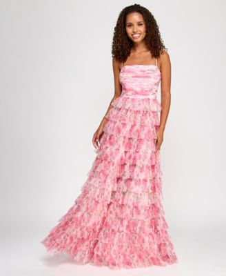 B Darlin - Juniors' Floral Ruffle-Tiered Straight-Neck Gown