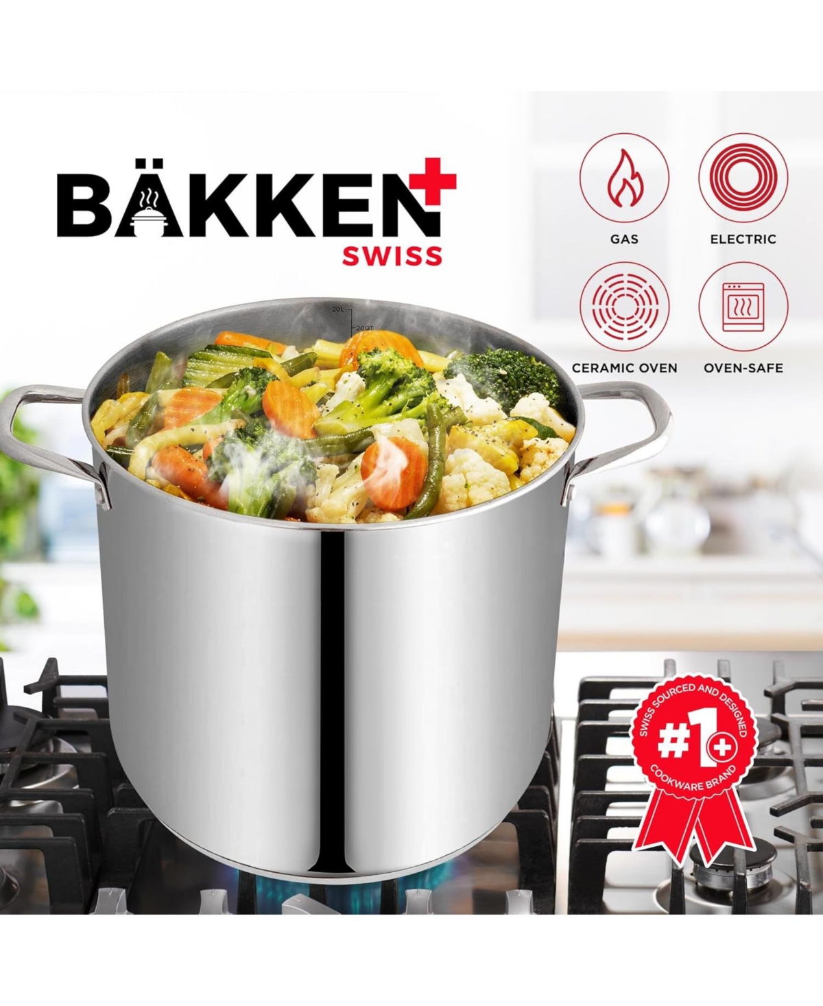 Bakken-Swiss Deluxe 20-Quart Stainless Steel Stockpot w/Tempered Glass See-Through Lid - Simmering Delicious Soups Stews & Induction Cooking