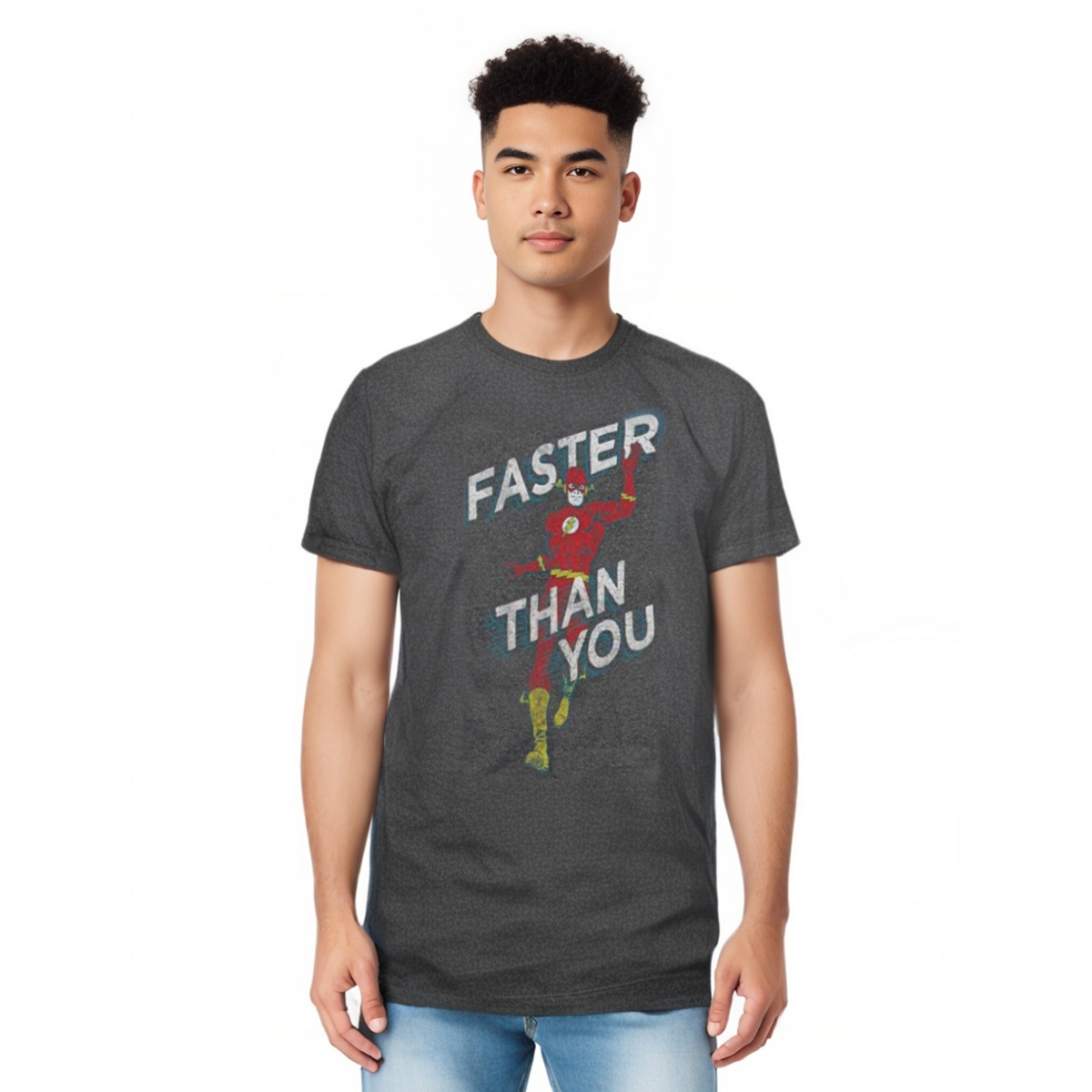 Dc Flash Mens Dc Comics Flash Faster Than You Adult Heather Tee / T-Shirt - Charcoal
