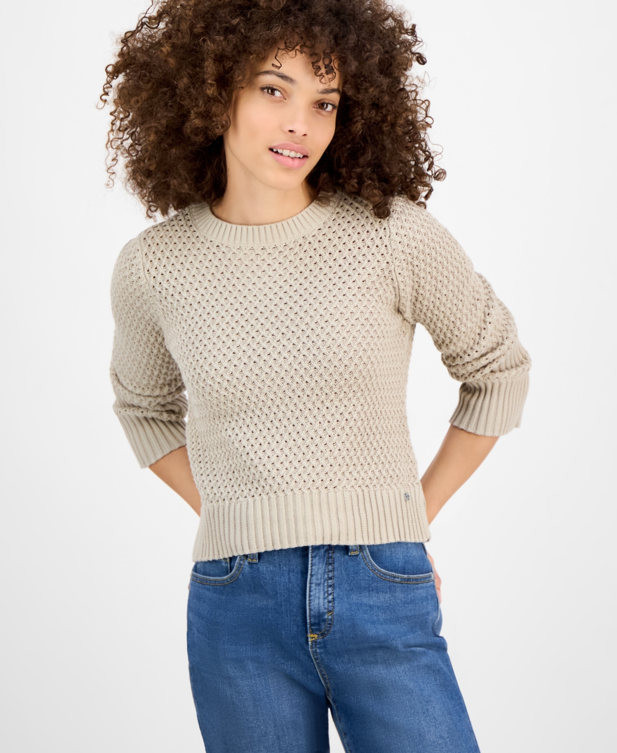 DKNY JEANS PETITE COTTON OPEN-STITCH VENTED-HEM SWEATER 