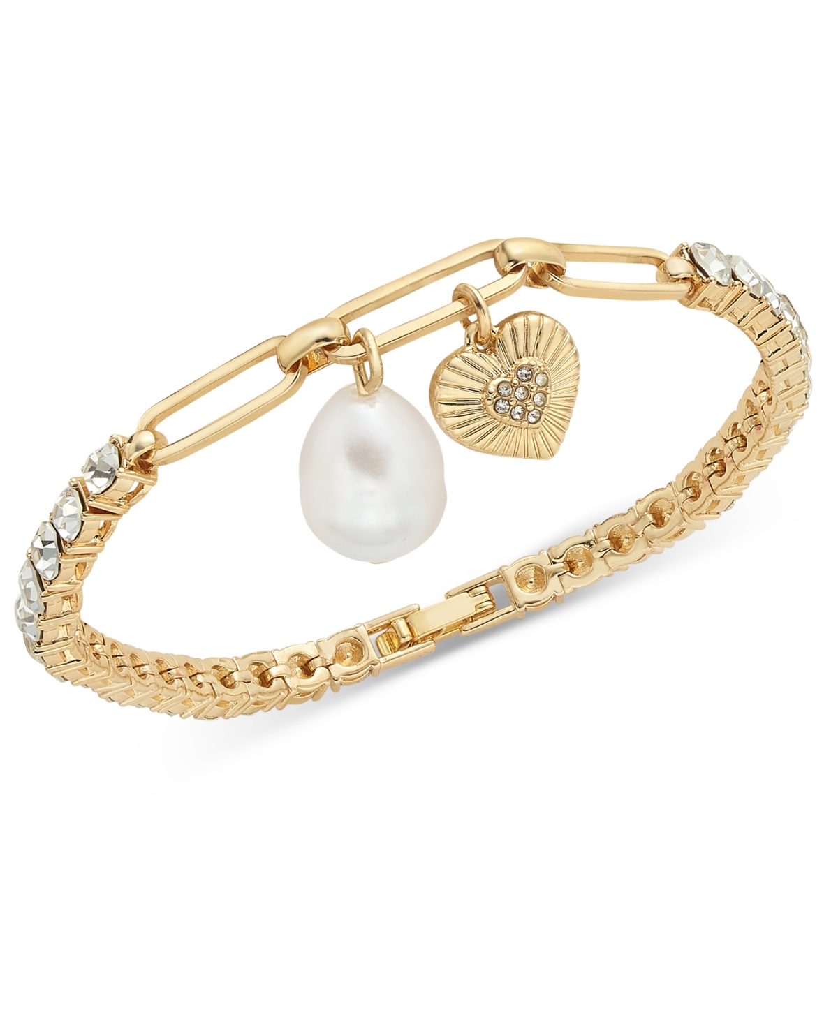 Gold-Tone Crystal Heart & Imitation Pearl Charm Bracelet, Exclusively at Macy's - Gold
