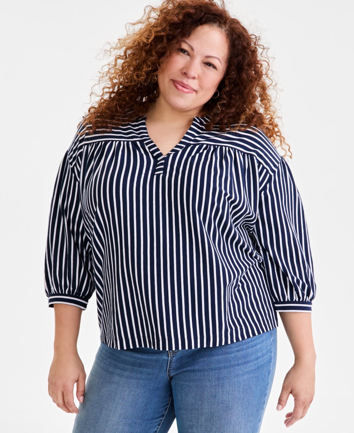Style & Co Plus Size Printed 3/4-sleeve Top, Exclusively At Macy's In Stripe Blue