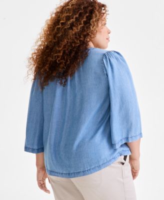 Plus Size Chambray 3/4-Sleeve Top, Exclusively at Macy's