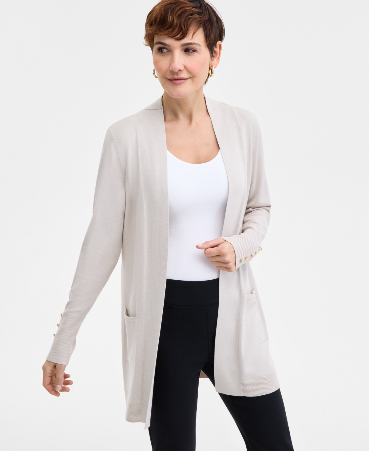 Jm Collection Women's Button-Sleeve Flyaway Cardigan Sweater - Stonewall