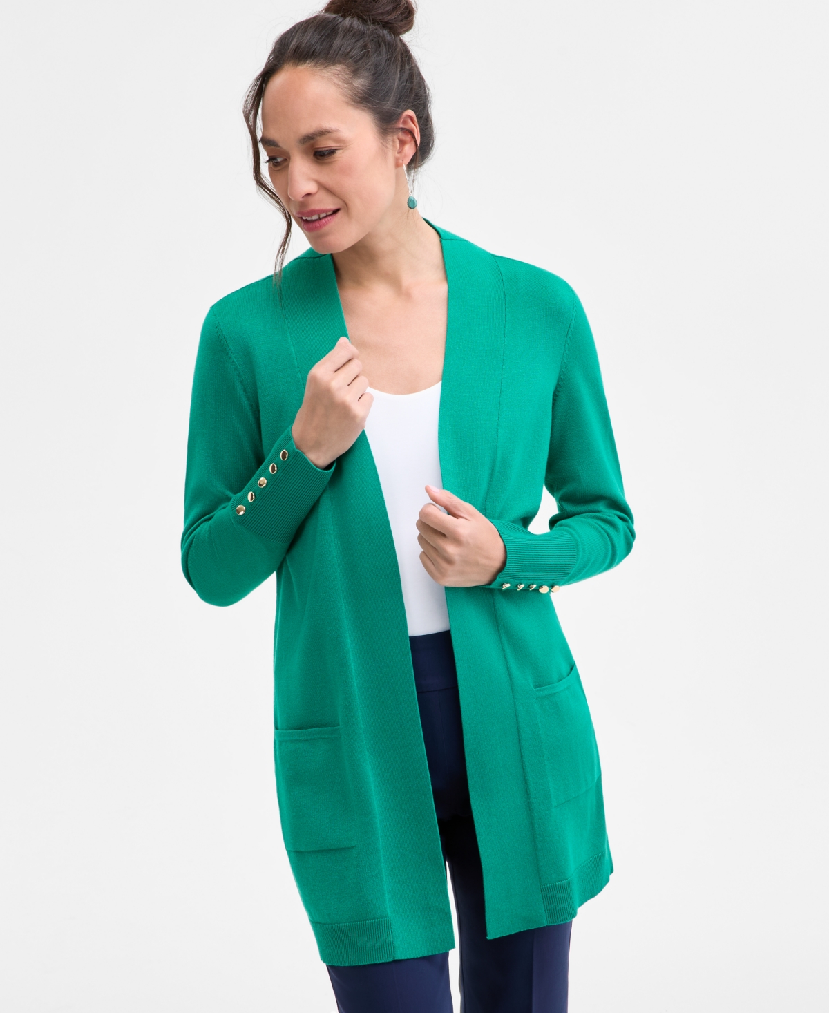 JM COLLECTION PETITE OPEN-FRONT BUTTON-CUFF CARDIGAN, CREATED FOR MACY'S 