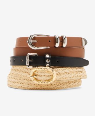 Steve Madden - Women's 3-Pc. Raffia & Faux-Leather Belt Set