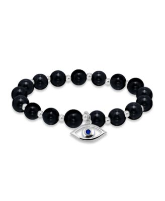 Silver-Plated Beaded Evil Eye Charm Stretch Bracelet