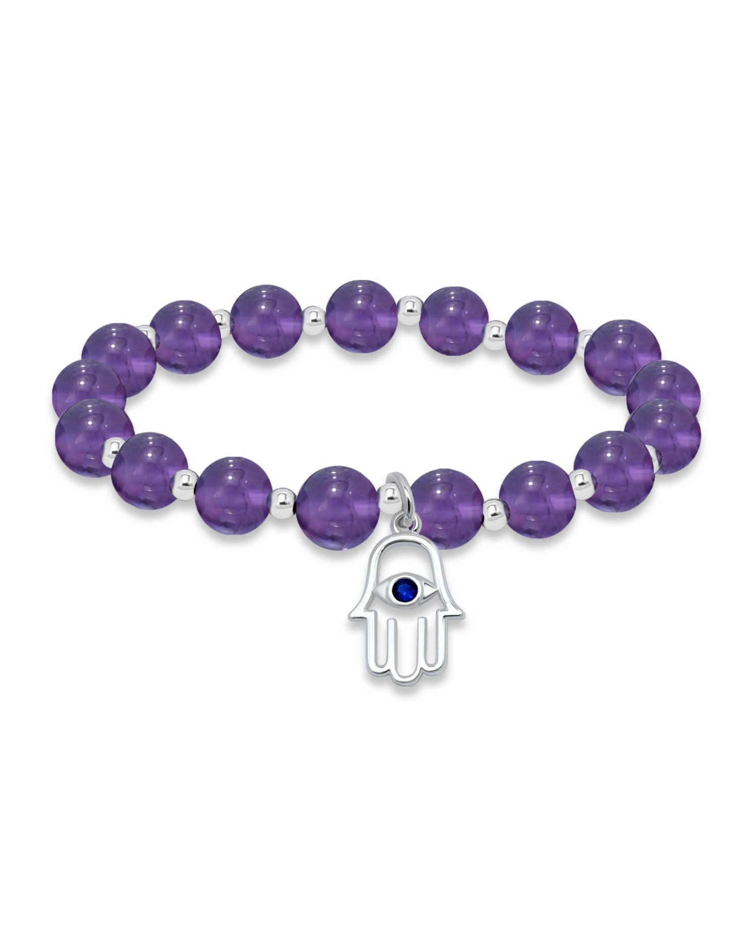 Silver-Plated Beaded Hamsa Hand Charm Stretch Bracelet