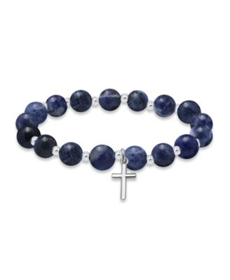 Silver-Plated Beaded Cross Charm Stretch Bracelet