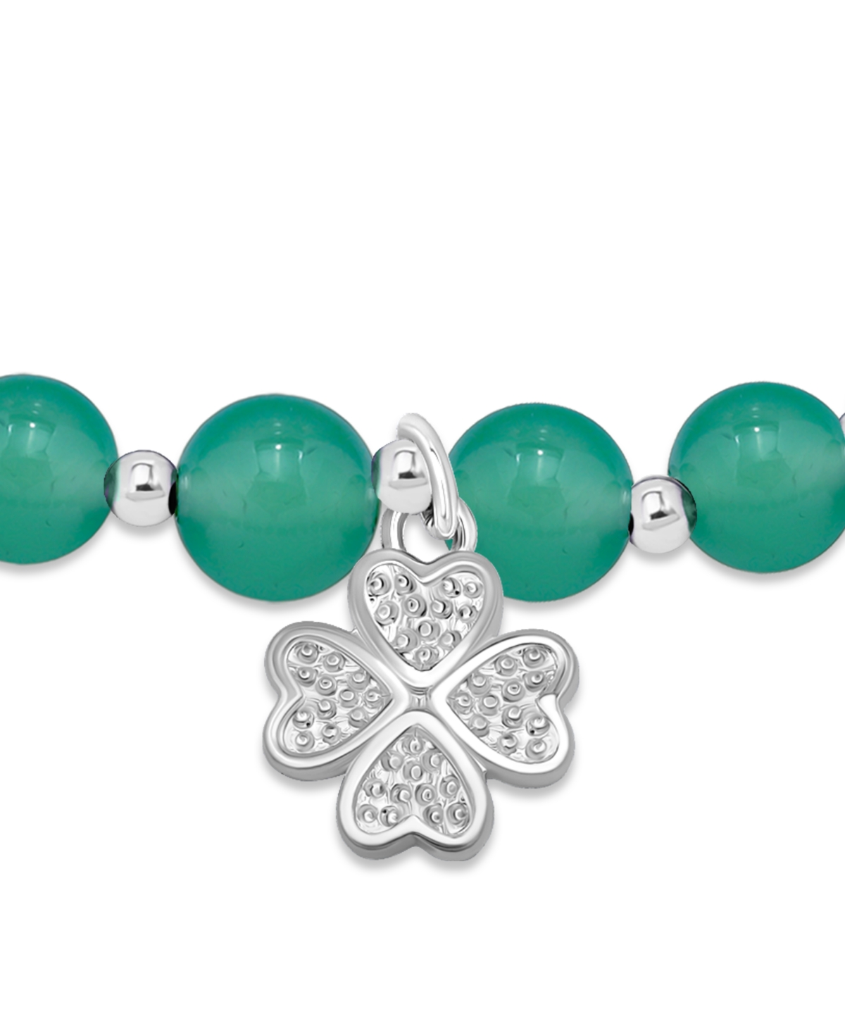 Macy's Silver Plated Beaded Clover Charm Stretch Bracelet In Green Agate,silver