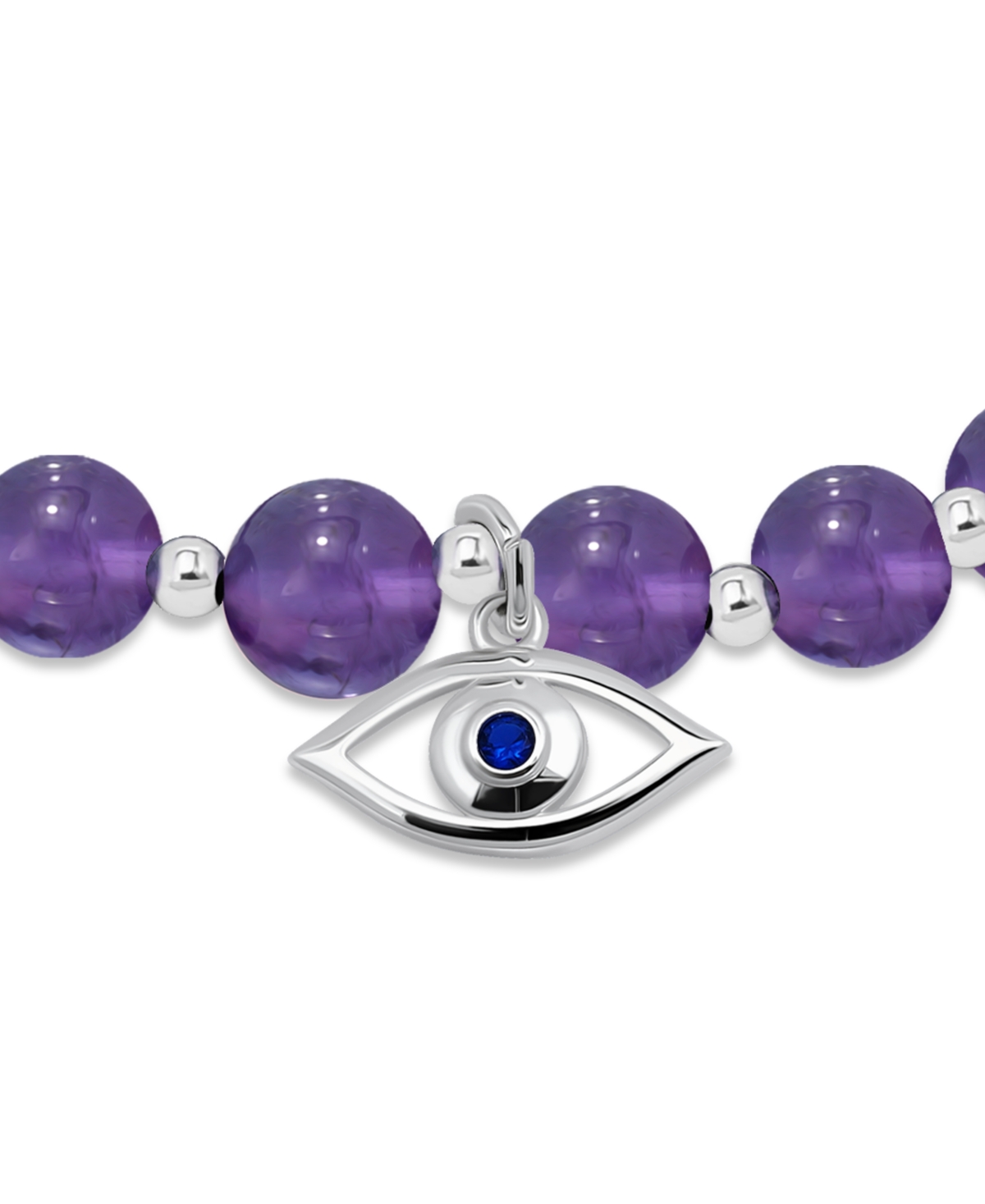 Macy's Silver Plated Beaded Evil Eye Charm Stretch Bracelet In Amethyst,silver