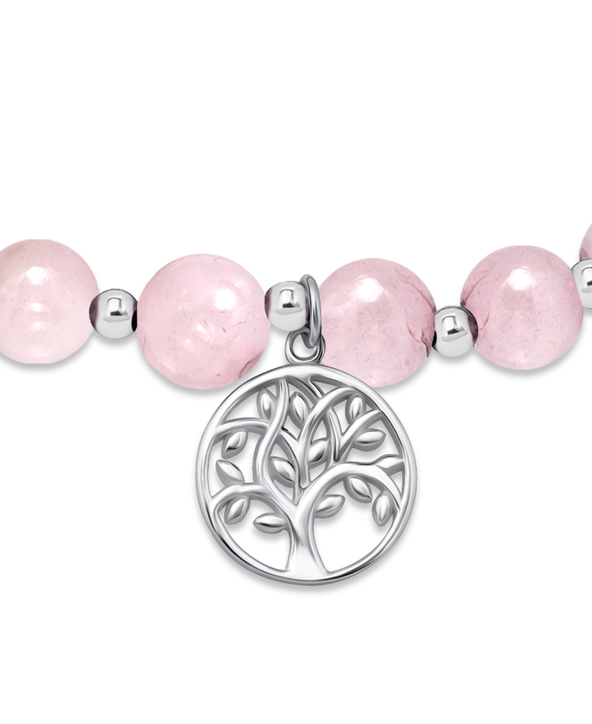 Macy's Silver Plated Beaded Tree Of Life Charm Stretch Bracelet In Rose Quartz,silver