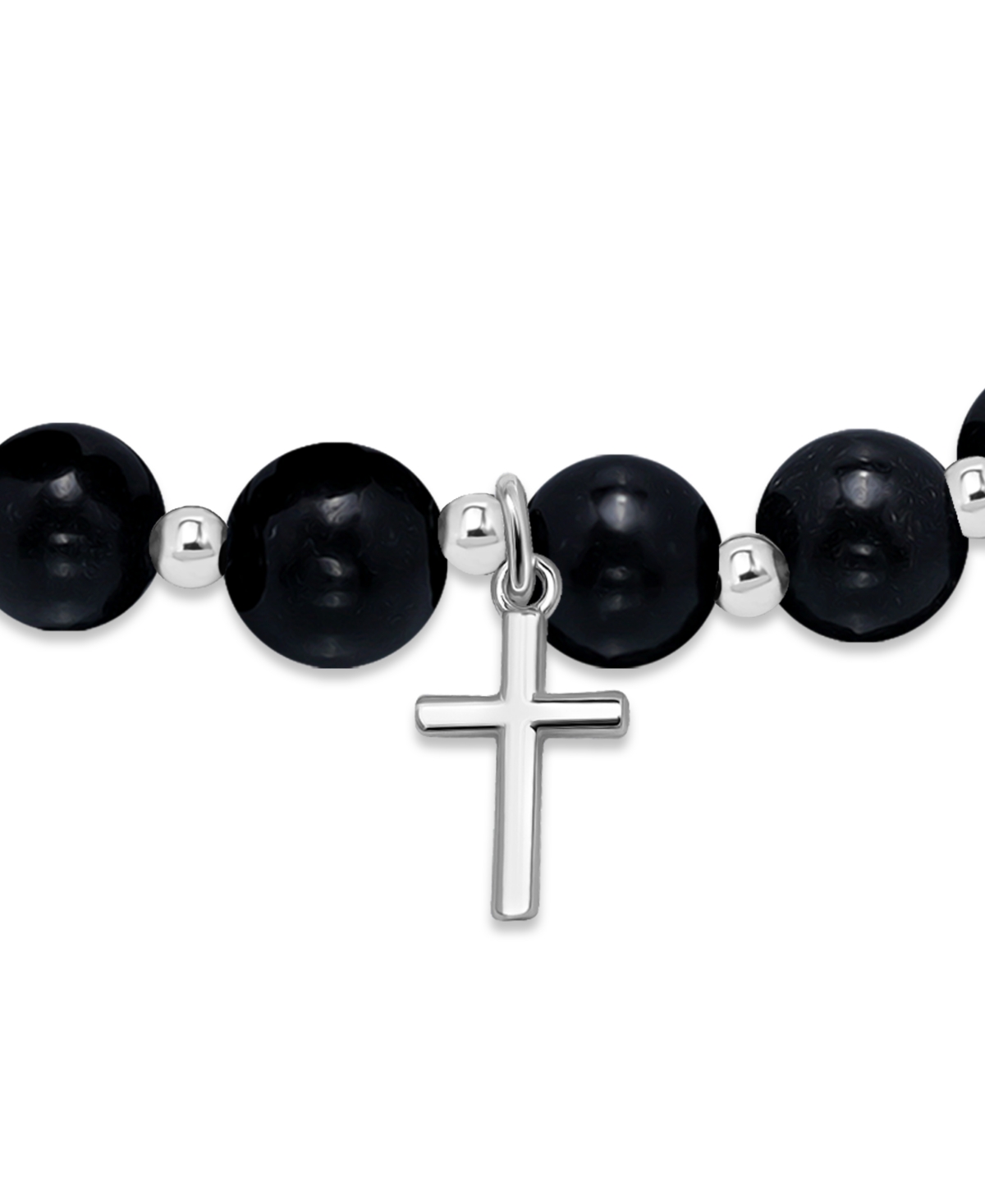 Macy's Silver Plated Beaded Cross Charm Stretch Bracelet In Onyx,silver
