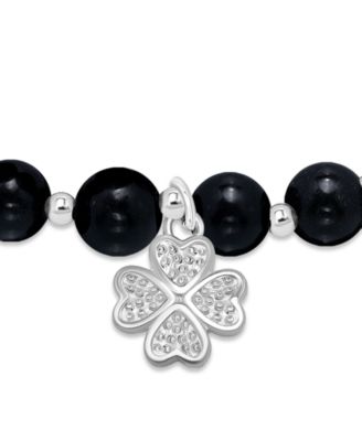 Silver-Plated Beaded Clover Charm Stretch Bracelet