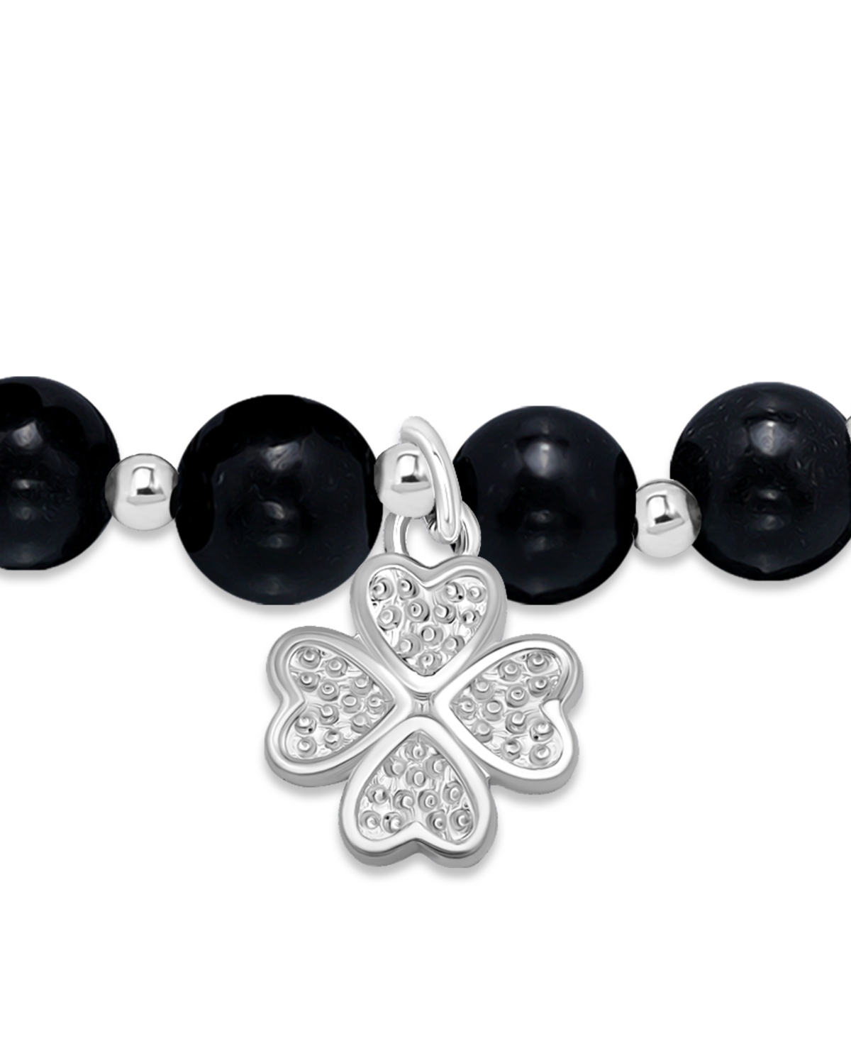 Macy's Silver Plated Beaded Clover Charm Stretch Bracelet In Onyx,silver