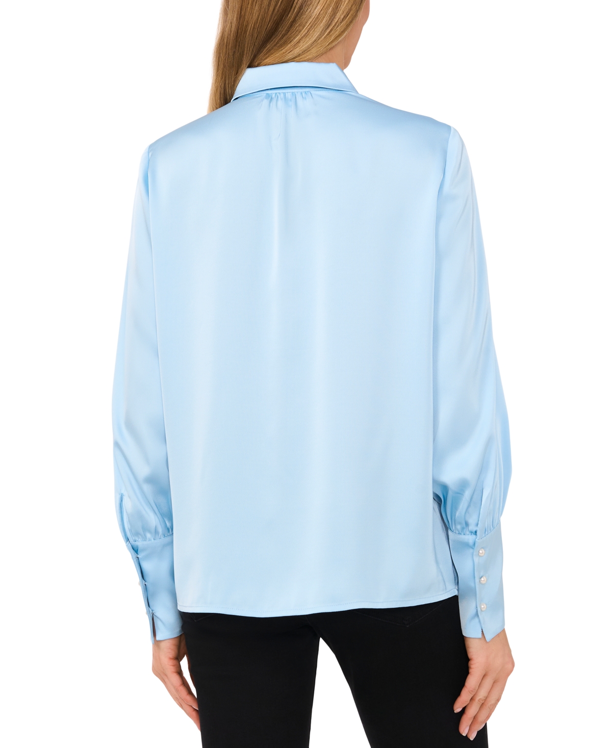 Cece Women's Luxe Satin Imitation Pearl Button Down Blouse