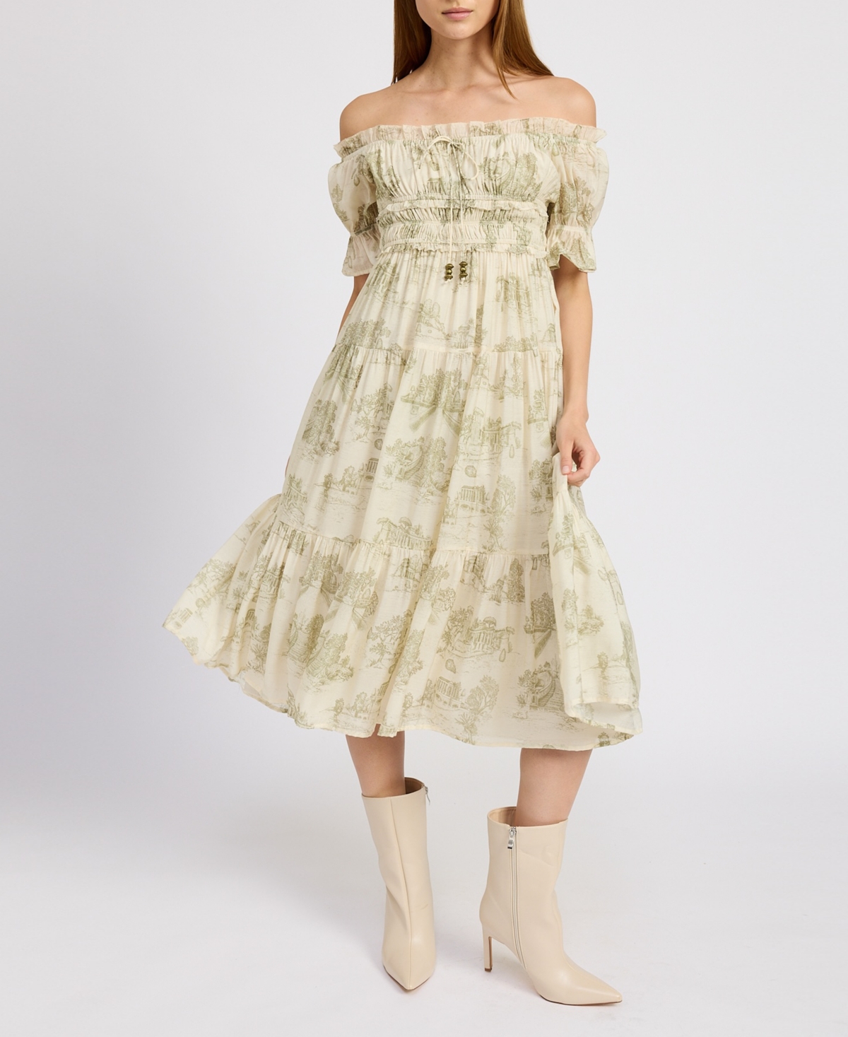 En Saison Leighton Toile Print Off The Shoulder Midi Dress In Cream Olive
