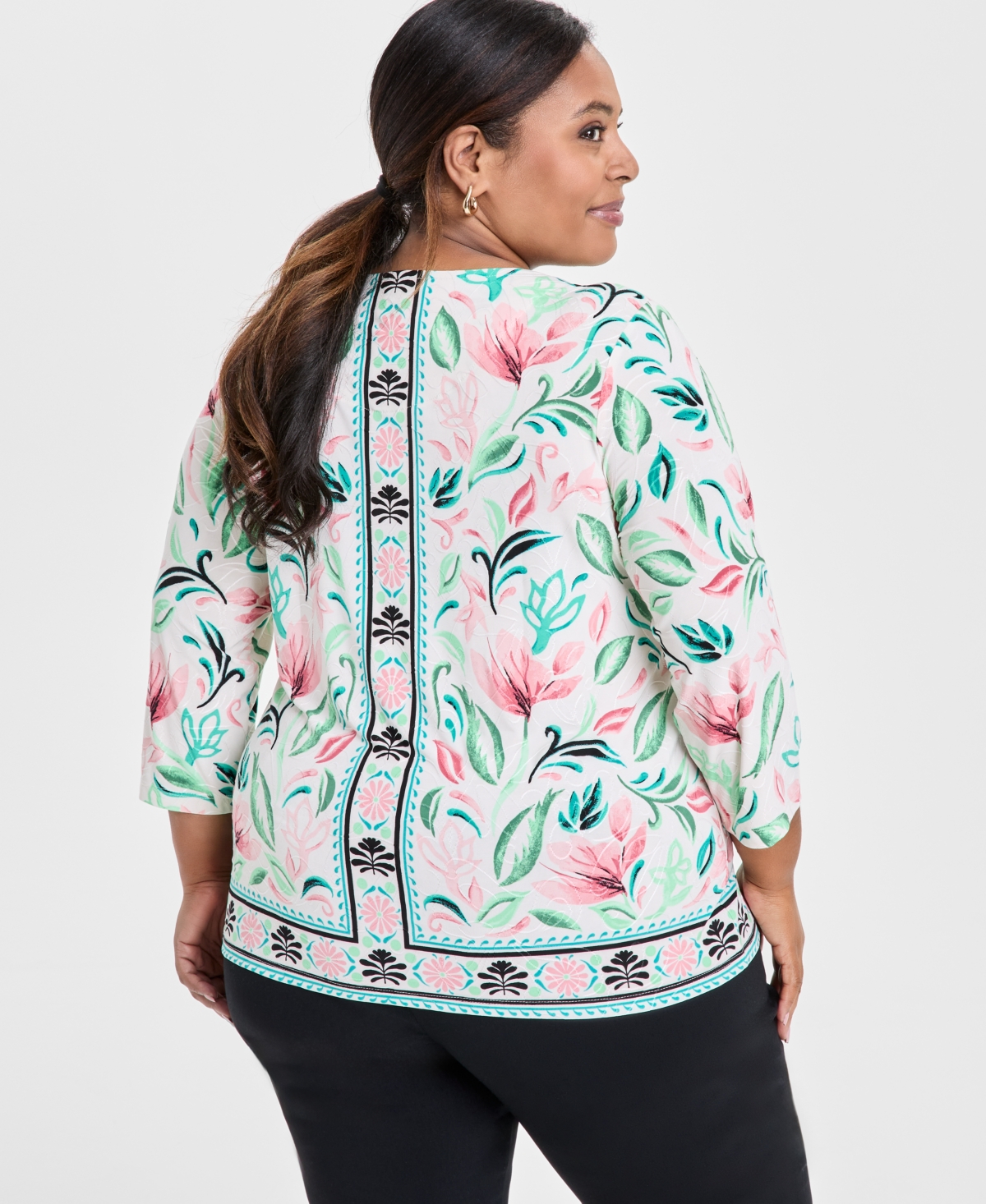 Jm Collection Plus Size Jacquard Floral-print 3/4-sleeve Top, Exclusively At Macy's In Multi
