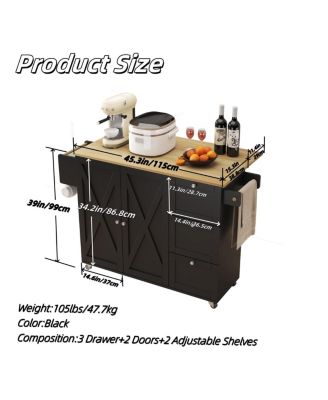 45.4" Farmhouse Black Rolling Kitchen Cart on Wheels with Storage Cabinet