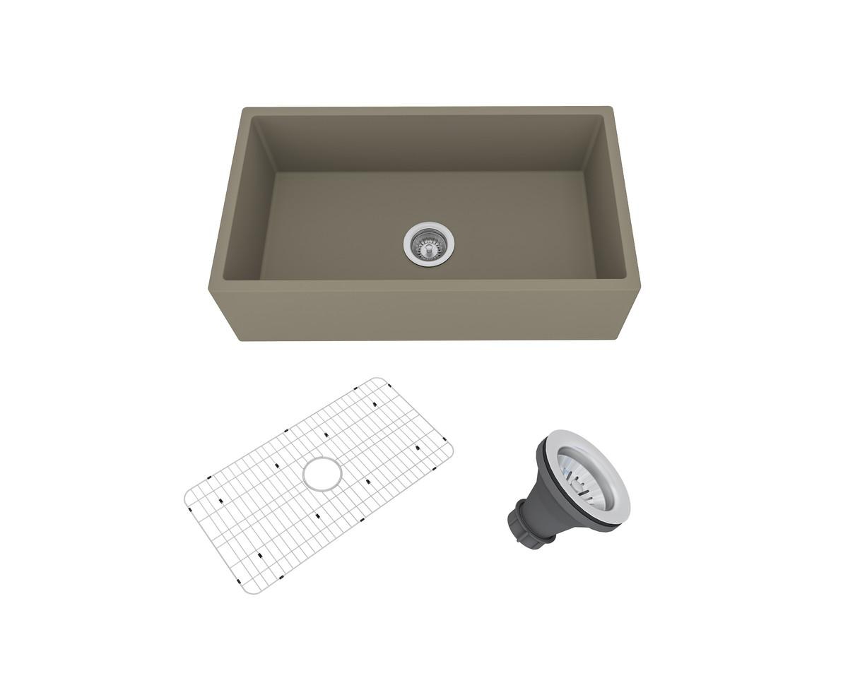 33inch L x 18inch W Farmhouse Kitchen Sink with Accessories - Taupe clay