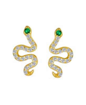 Minimalist CZ Stud Earrings Green Eyed Serpent Snake in Gold Plated Silver