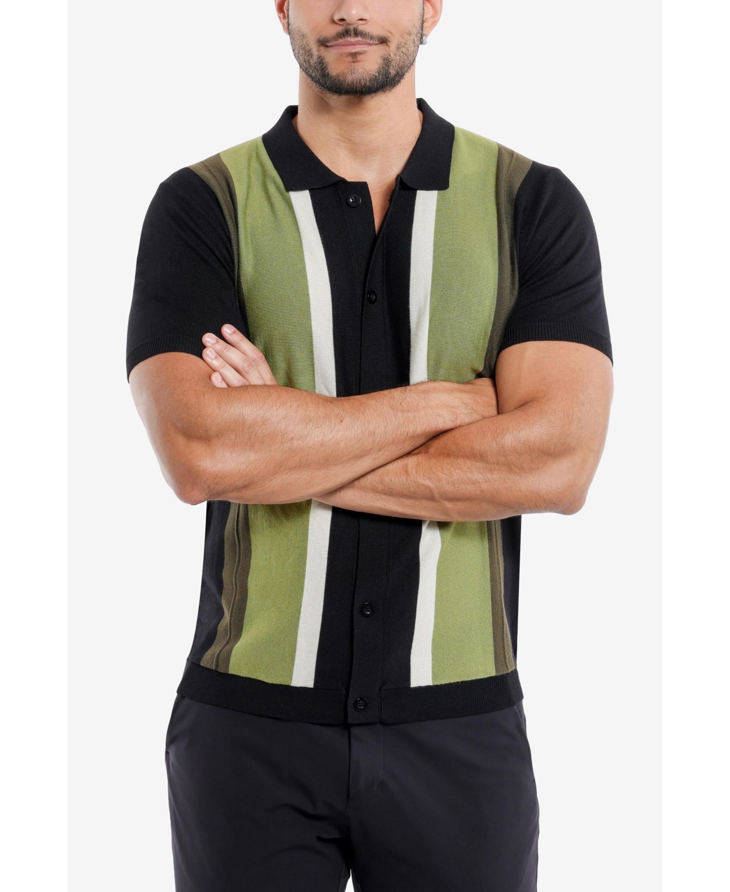 Мужские топы SPRING + MERCER Stripe Short Sleeve Sweater Polo, цвет: Чёрный / Оливковый — фото 4