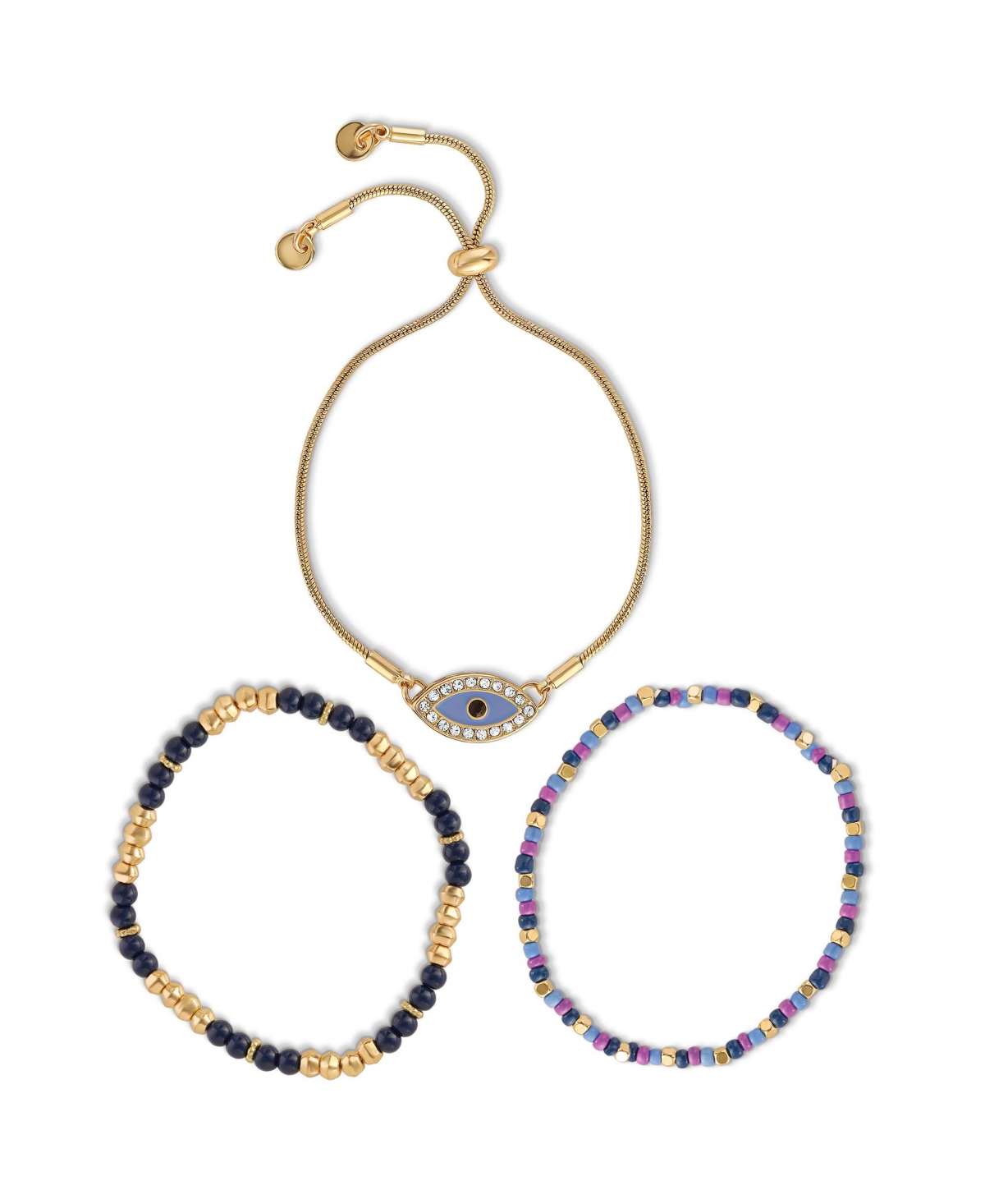 Multi-Color Beaded Bracelet Set with Evil Eye Charm - Boho Chic Stackable Bracelets - Blue, gold tone