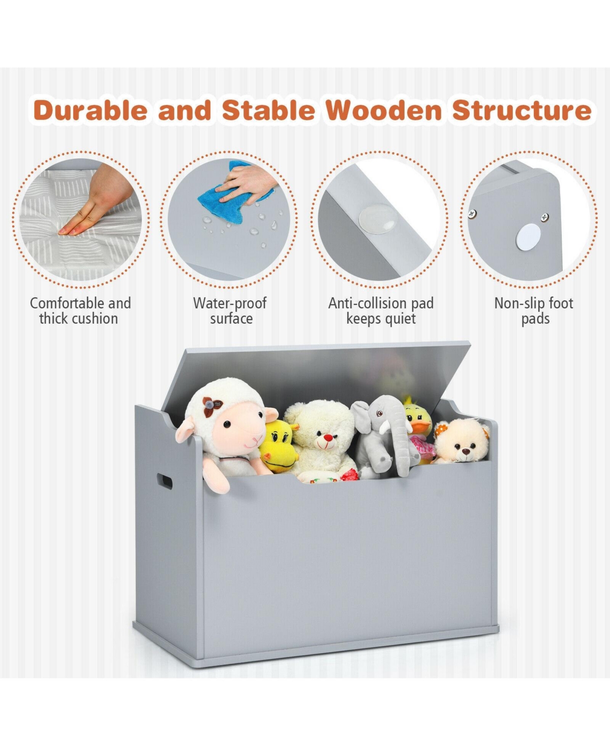 Gouun Kids Toy Wooden Flip-top Storage Box Chest Bench with Cushion Hinge