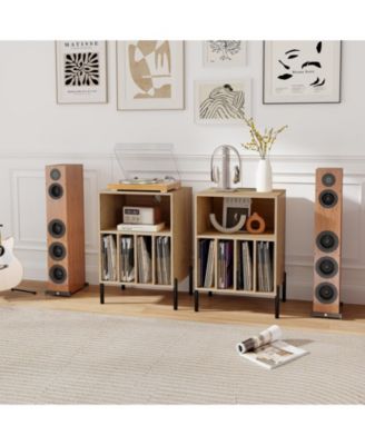 Record Player Stand with Record Storage Shelf and Charging Station