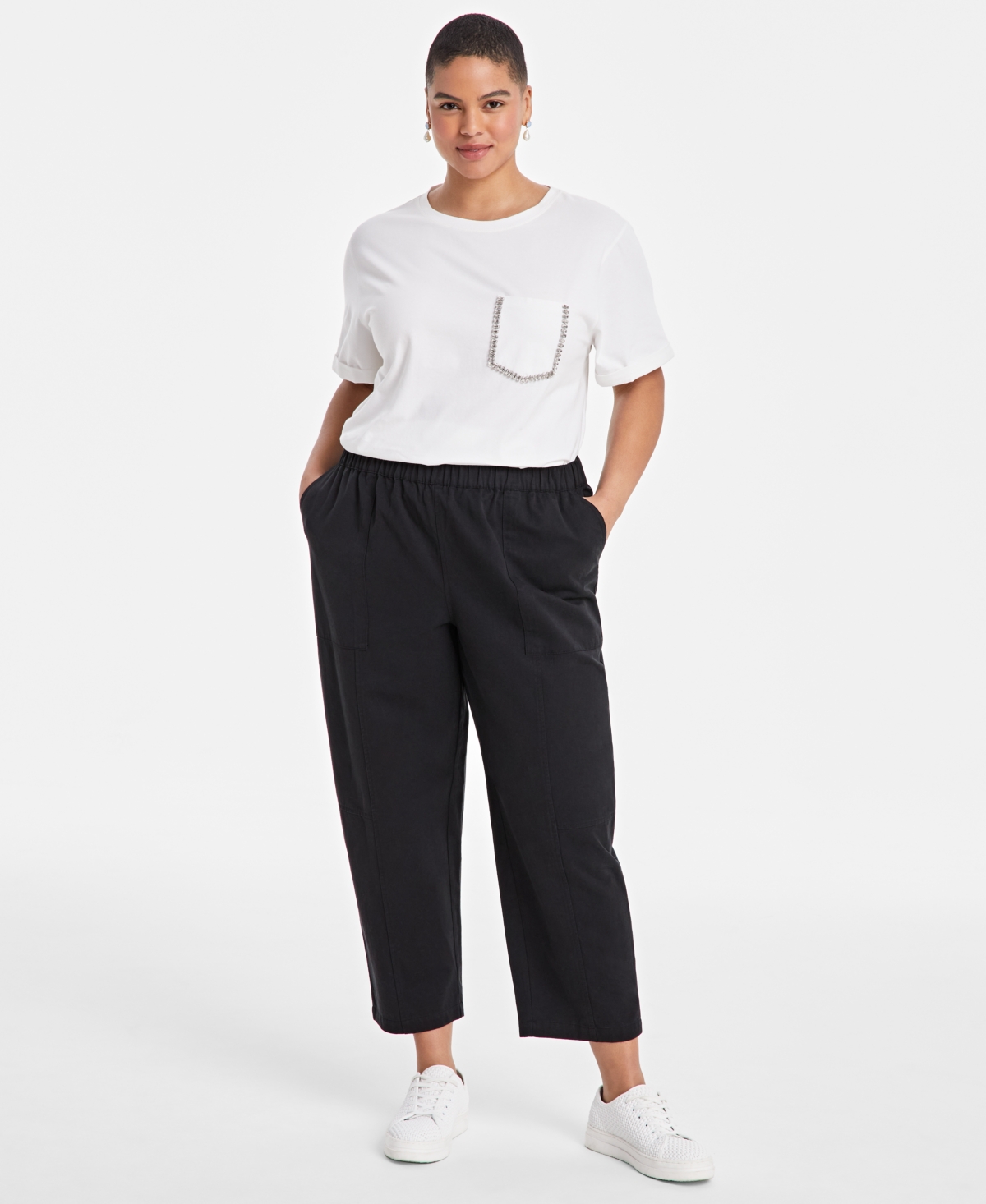 On 34th Trendy Plus Size Barrel-leg Utility Pants, Exclusively At Macy's In Deep Black