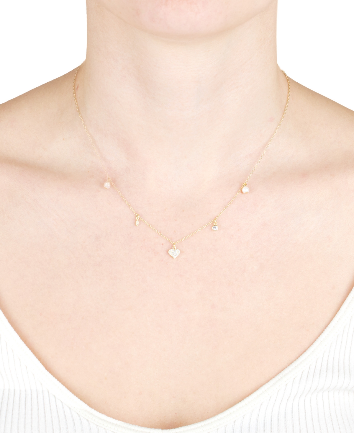 MACY'S FRESHWATER PEARL (4MM) & CUBIC ZIRCONIA HEART & BEZEL DANGLE COLLAR NECKLACE IN STERLING SILVER, 16" 