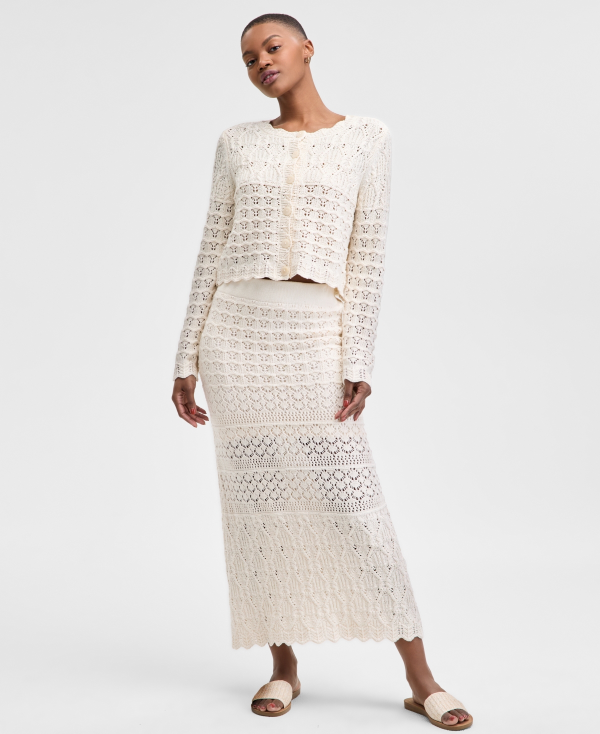 And Now This Women's Petite Patchwork Button-down Crochet-knit Cardigan Sweater, Exclusively At Macy's In Cream