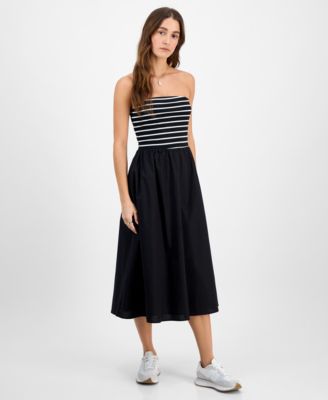 Juniors' Strapless Mixed-Media Midi Dress