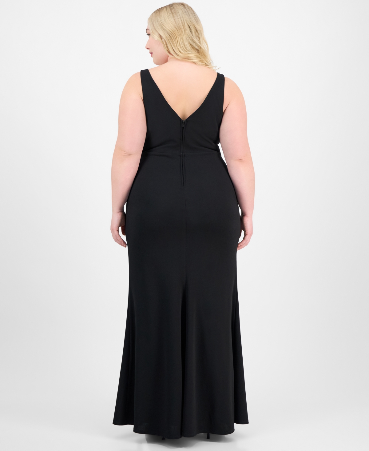 City Studios Trendy Plus Size Rhinestone-trim V-neck Sleeveless Gown In Black