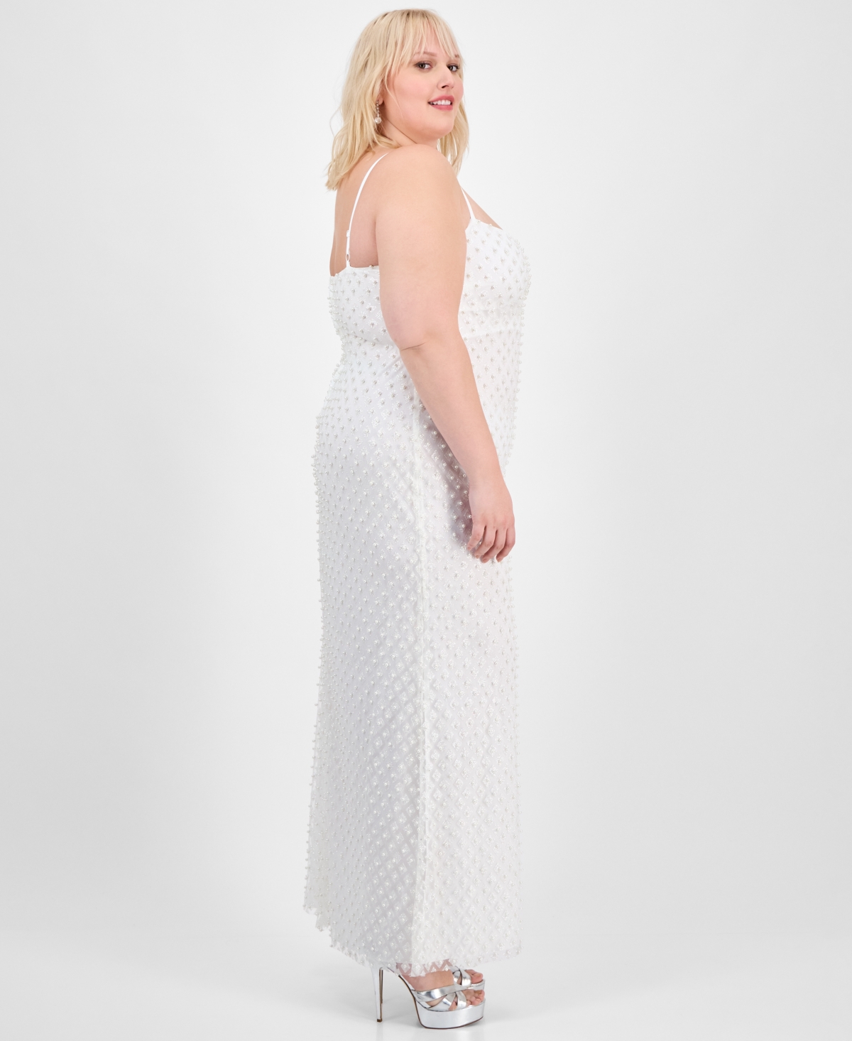 B Darlin Trendy Plus Size Pearl-embellished Mesh Sleeveless Gown In White
