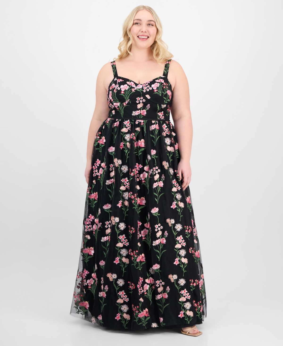 CITY STUDIOS TRENDY PLUS SIZE EMBROIDERED TULLE SLEEVELESS GOWN, CREATED FOR MACY'S 