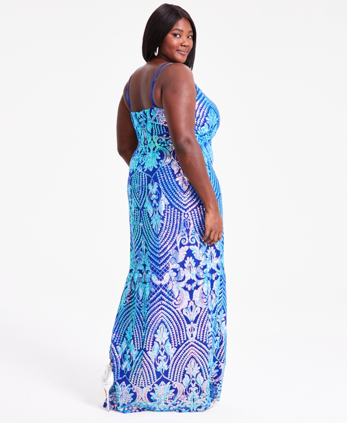 Emerald Sundae Trendy Plus Size Patterned-sequin Gown In Royal Aqua