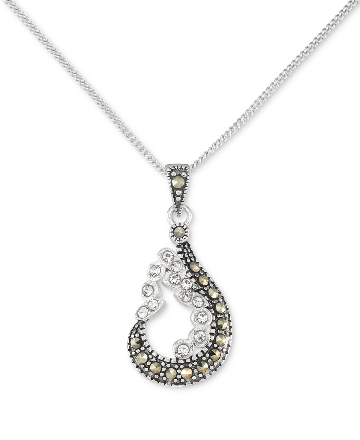 MACY'S MARCASITE & CRYSTAL SWOOP DESIGN 18" PENDANT NECKLACE IN STERLING SILVER 
