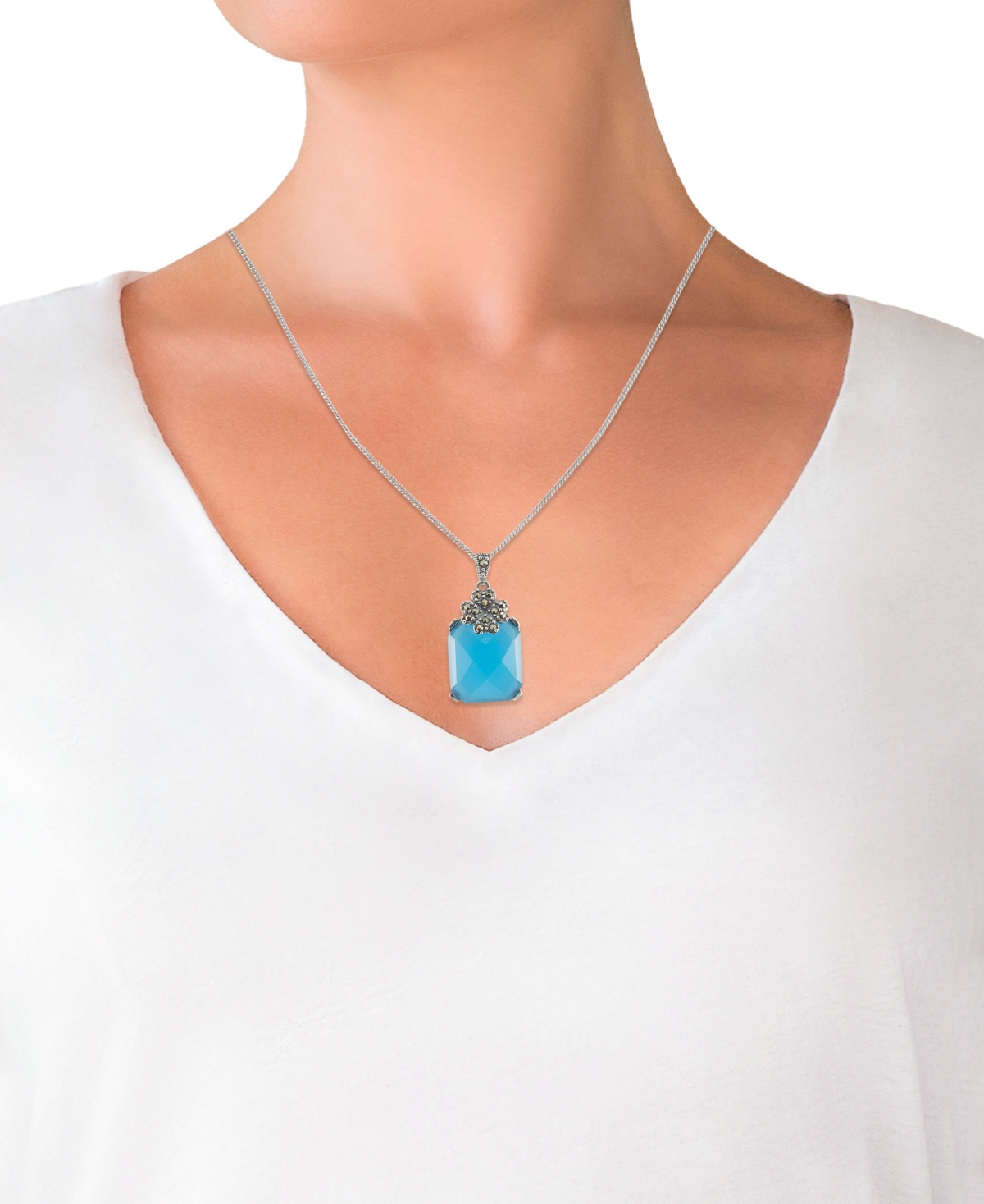 MACY'S AGATE (10-1/2 CT. T.W.) & MARCASITE (1/10 CT. T.W.) PENDANT 18" NECKLACE IN STERLING SILVER 