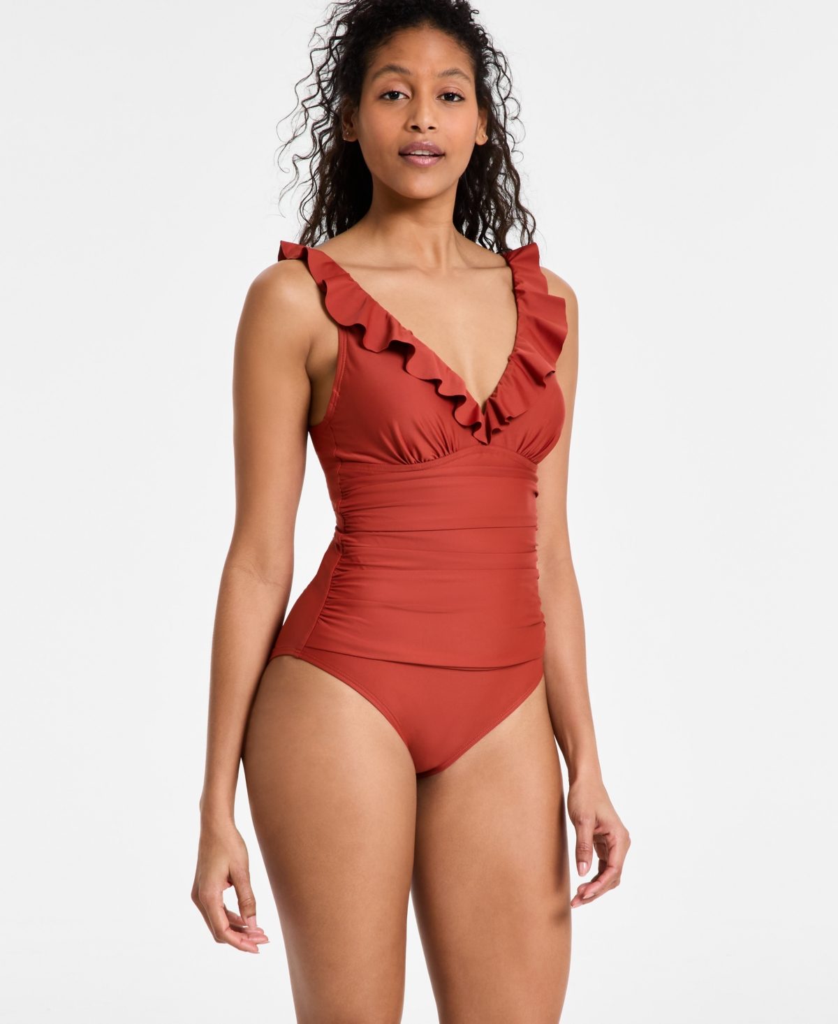 Dkny Ruffle Plunge Underwire Tummy Control One-piece Swimsuit, Created For Macy's