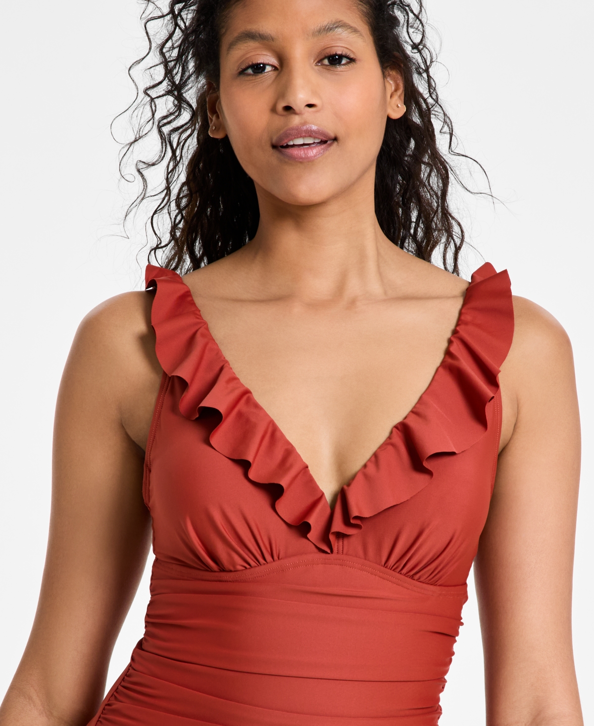 Dkny Ruffle Plunge Underwire Tummy Control One-piece Swimsuit, Created For Macy's