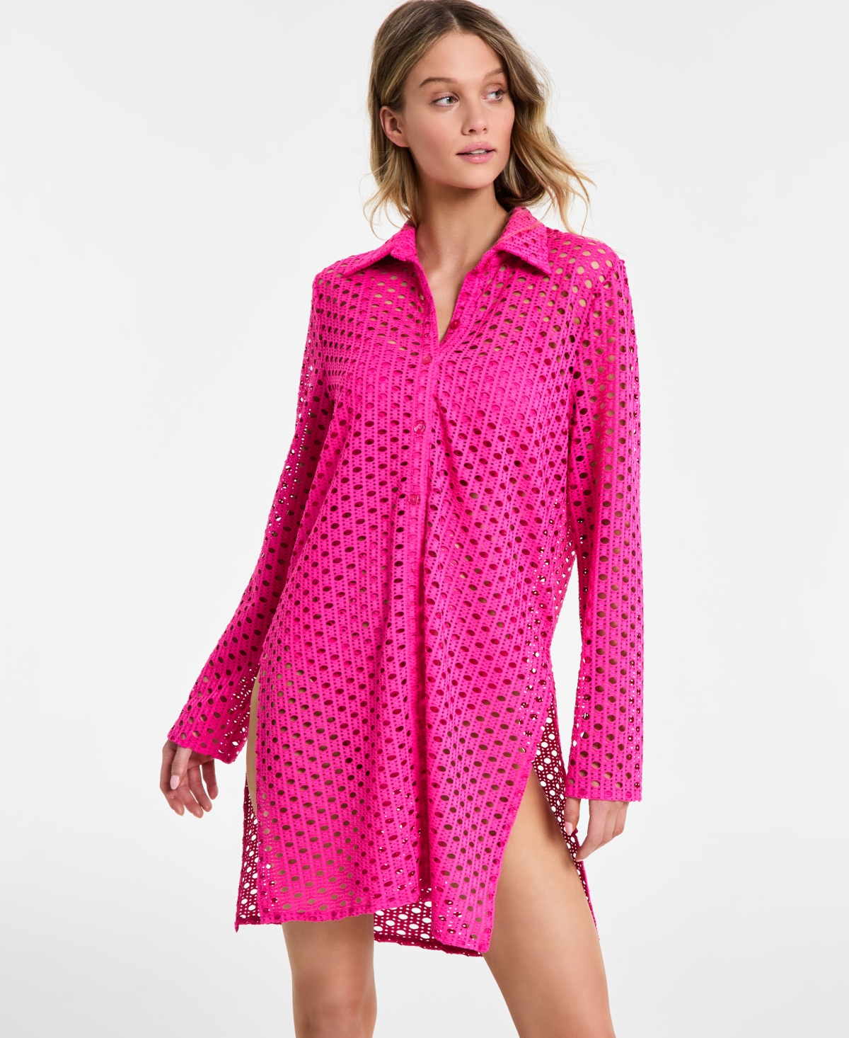 Women's Crochet Tunic Swim Cover-Up - Pink