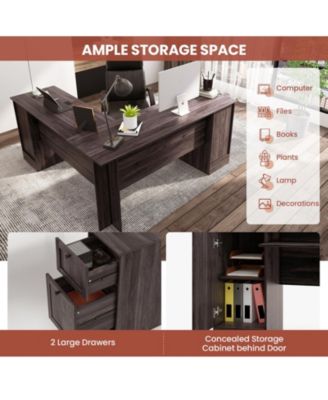 L-Shaped Office Desk with Storage Drawers and Keyboard Tray