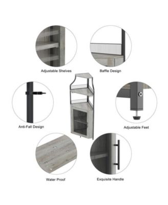 Corner Bar Cabinet: 5-tier industrial design with LED lights, glass holder, and adjustable shelves for liquor, wine, coffee